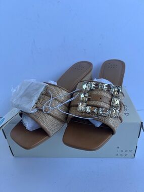 a new day Tan Jeweled Raffia Slide Mules